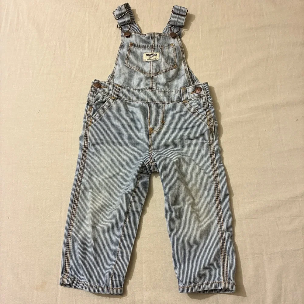 OshKosh Bgosh Kids 12M Blue Hickory Stripe Denim Overalls Snap Leg‎ Workwear